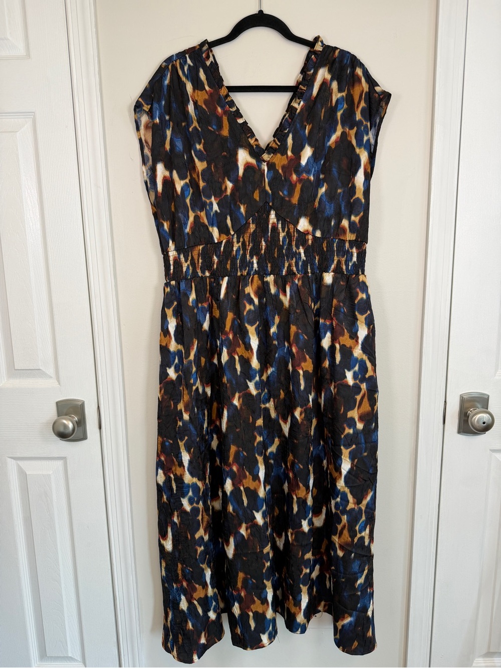 Terra & Sky Black Label Maxi Dress 1X 16W-18W Abstract Print Smocked Pockets